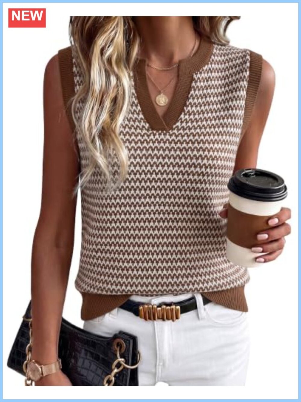 100% Cotton Womens Sleeveless Polo V Neck Striped Ribbed Hem Sweater Vest